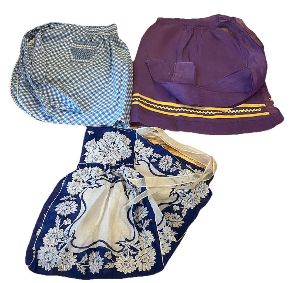 Vintage Lot Of 3 Handmade Half Aprons Floral Hankies Gingham Semi Sheer